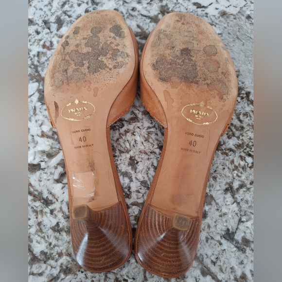 PRADA Brown 40/9.5 Leather Tiger Eye Stone Slide Sandals Kitten Heel Stitching - Picture 8 of 10